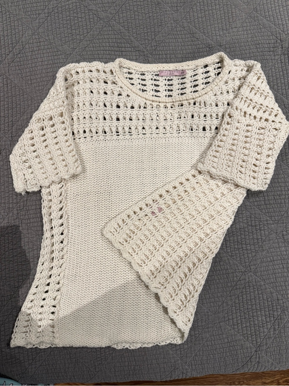 Calypso St. Barth Cream Crochet Scoop Neck Sweater
